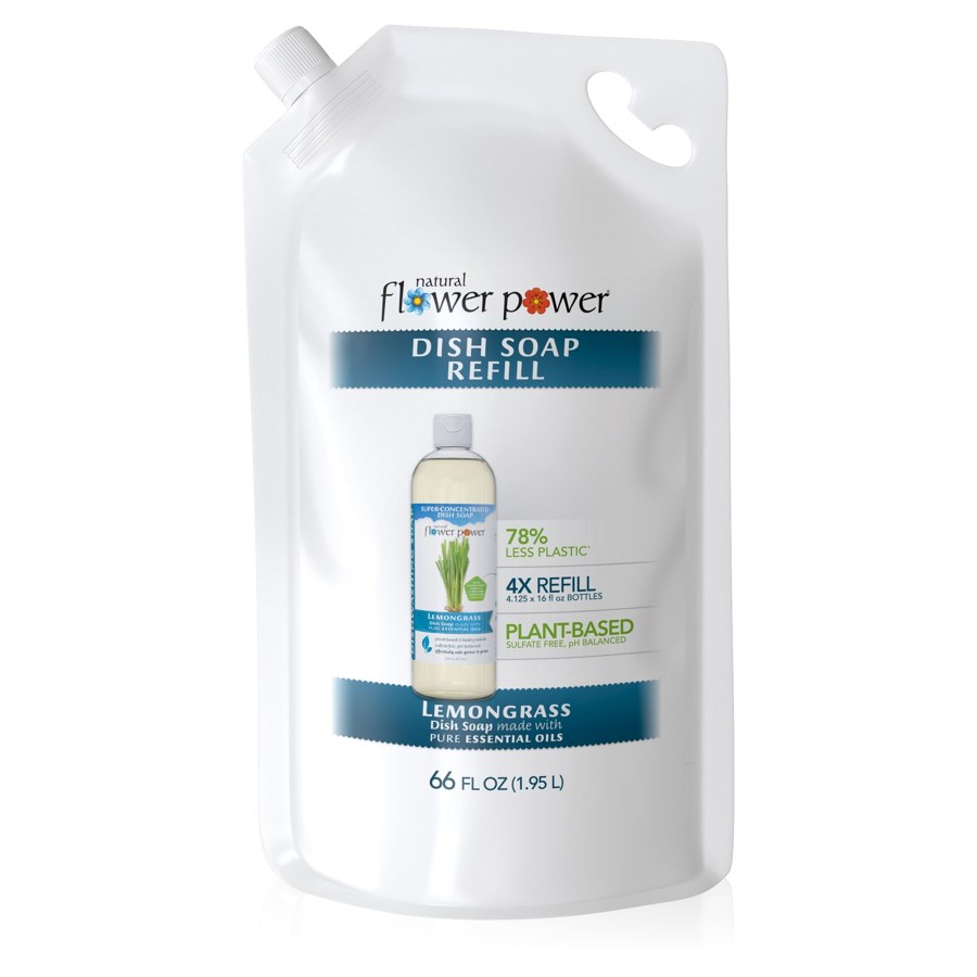 Natural Flower Power Lemongrass Liquid Dish Soap 4X Refill – 66 fl oz Refill Pouch product packaging