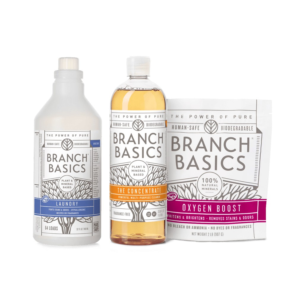 Branch Basics Plastic Laundry Kit with concentrate, laundry bottle, and Oxygen Boost