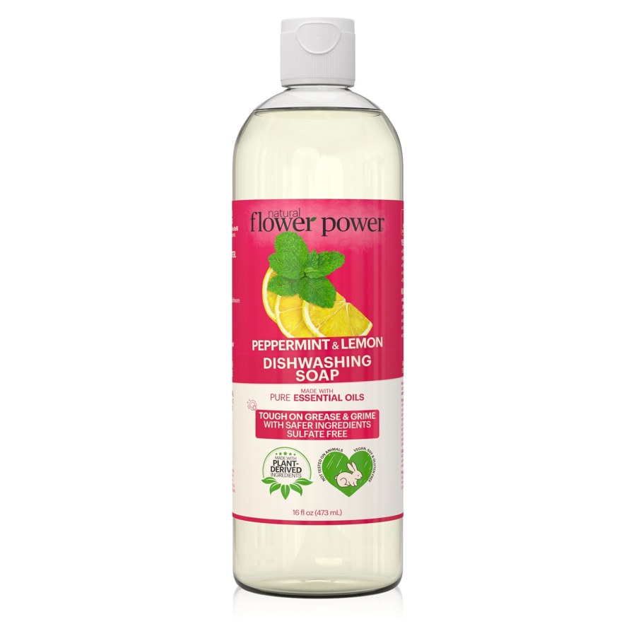 Natural Flower Power Peppermint & Lemon Liquid Dish Soap – Sulfate-Free, 16 fl oz  product packaging