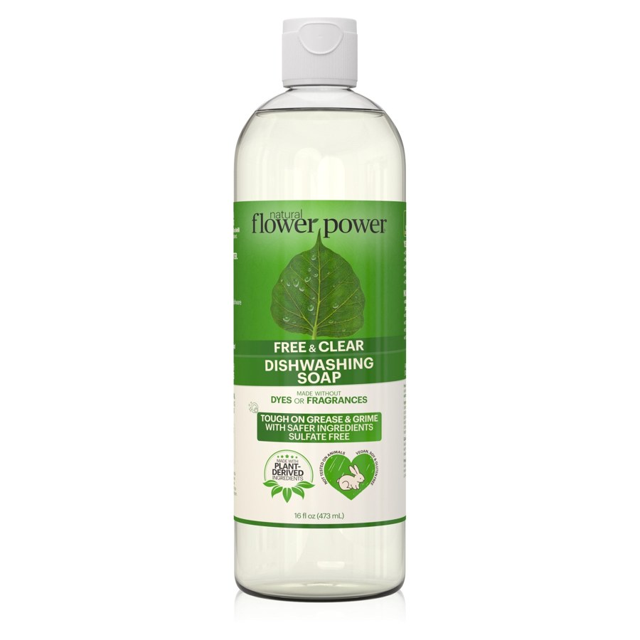 Natural Flower Power Free & Clear Liquid Dish Soap – 16 fl oz, Fragrance-Free Formula product packaging