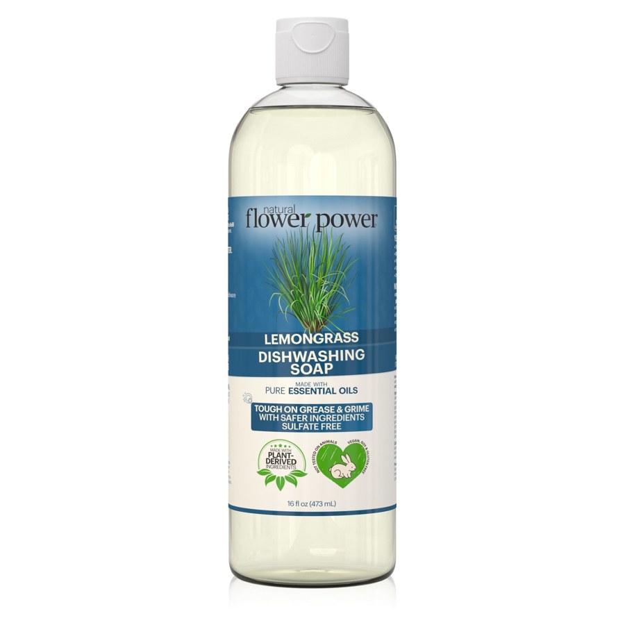 Natural Flower Power Lemongrass Liquid Dish Soap – 16 fl oz Bottle product packaging