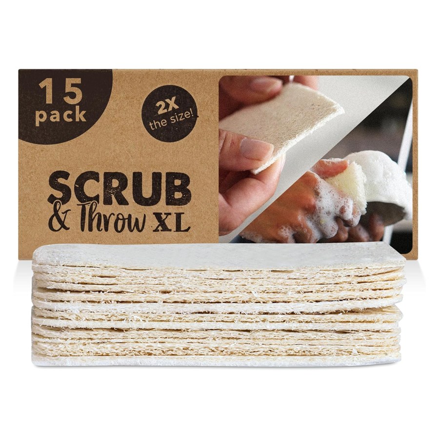 Scrub and Throw Natural XL Loofah Scrub Sponge — 15 Pack product packaging